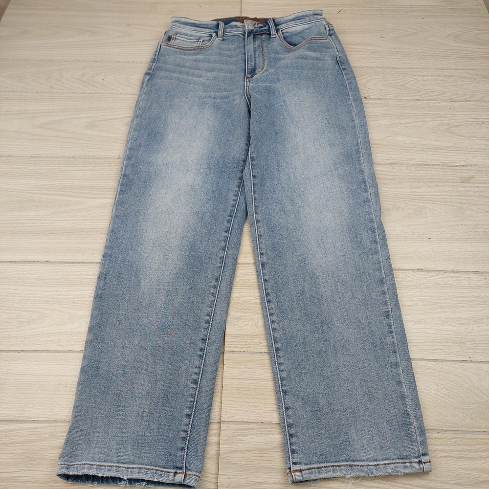 Judy Blue Ankle Straight Jeans Women 7/28 Light Blue Raw Hem Stretch Mom Boho
